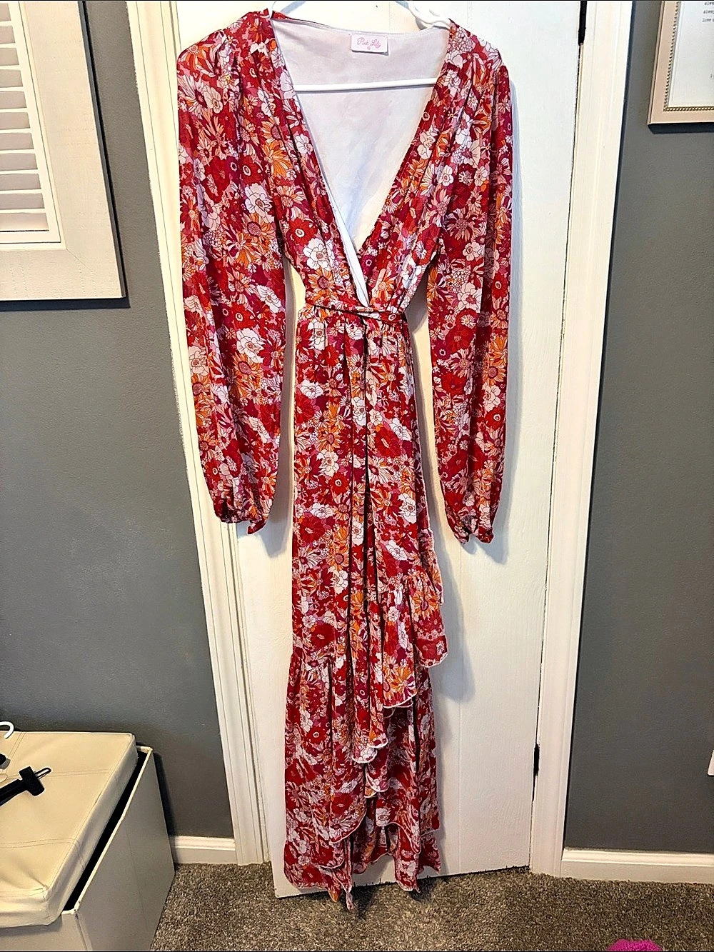 Pink Lily Heart & Soul Pink Floral Long Sleeve Maxi Dress Red & White